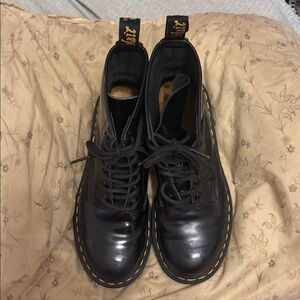 Dr. Martens Black Leather Combat Boots with Yellow Stitching
